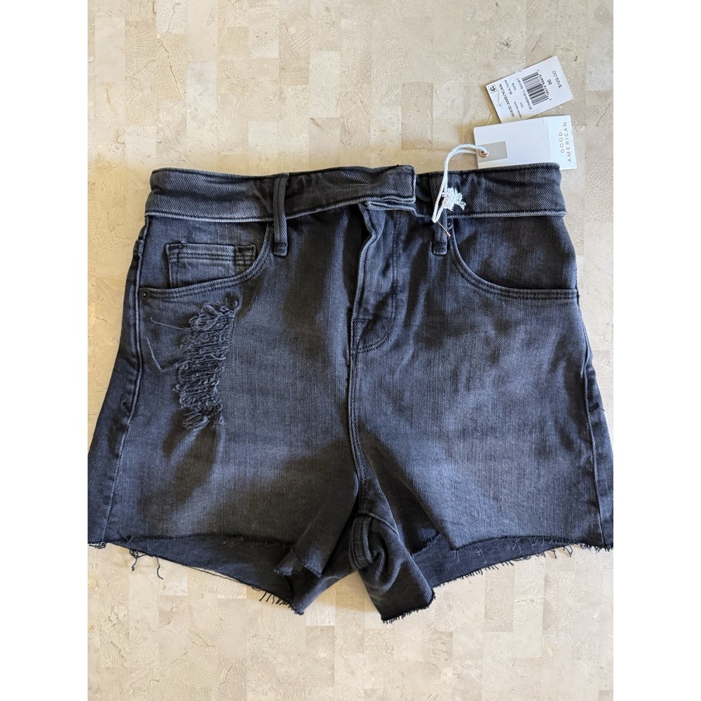 NWT Good American Black Denim Bombshell‎ Cut Off Distressed Waist Shorts Sz 24